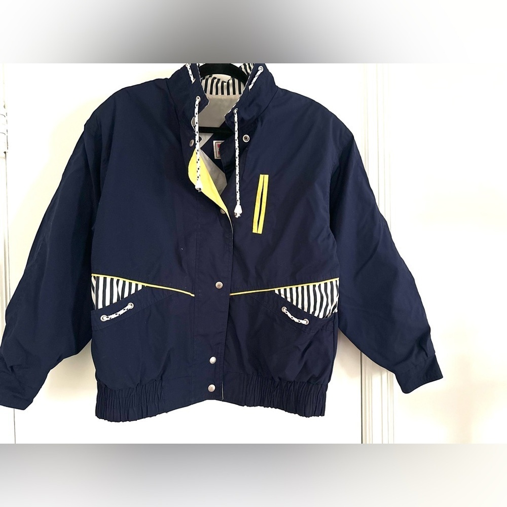 VTG 80s New York Girl Sz:M nautical Sailing Navy Blue Color block windbreaker